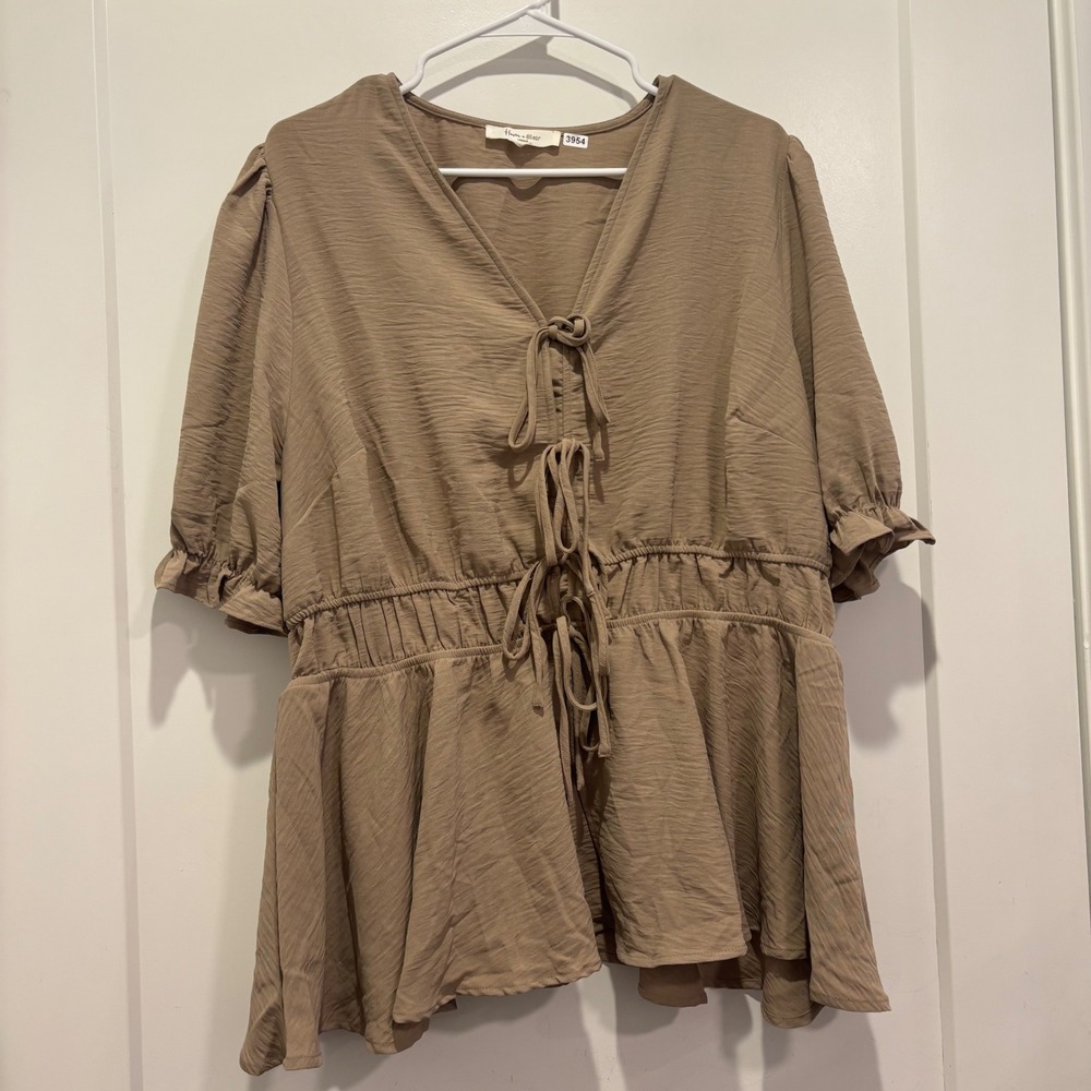 Haver + Blair London Tan Brown Tie Front Peplum Boho Blouse Ruffle Sleeve Top